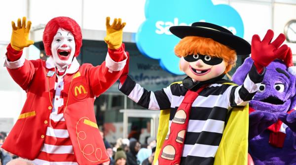 ronald mcdonald hamburglar and grimace waving 